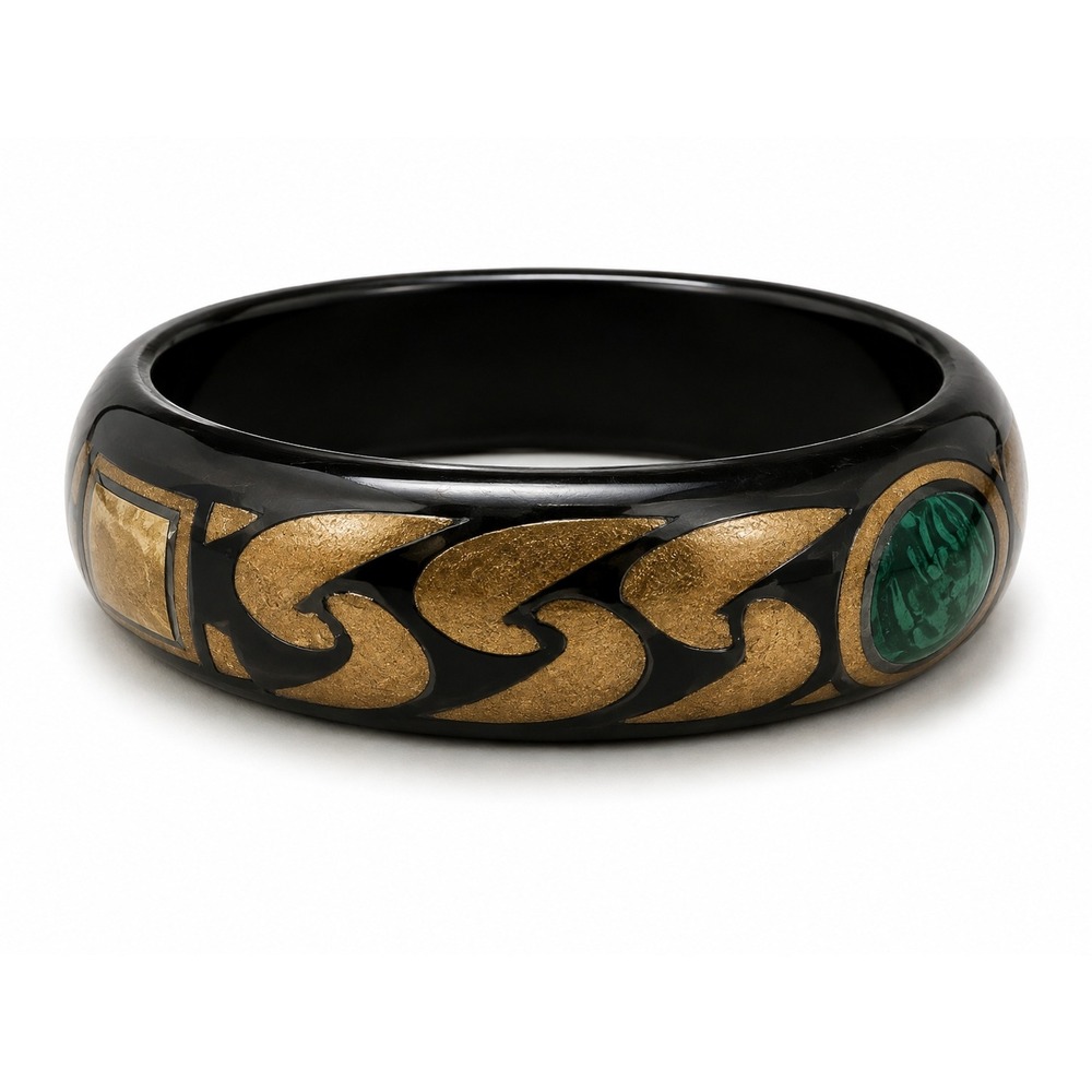 Vintage Hand Painted Wooden Bangle Bracelet Black Floral Folk Art Retro Boho